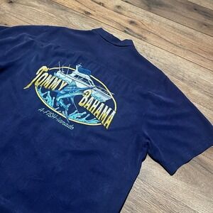 Tommy Bahama Navy Blue A-FISH-ianado Embroidered Silk Shirt Mens Large